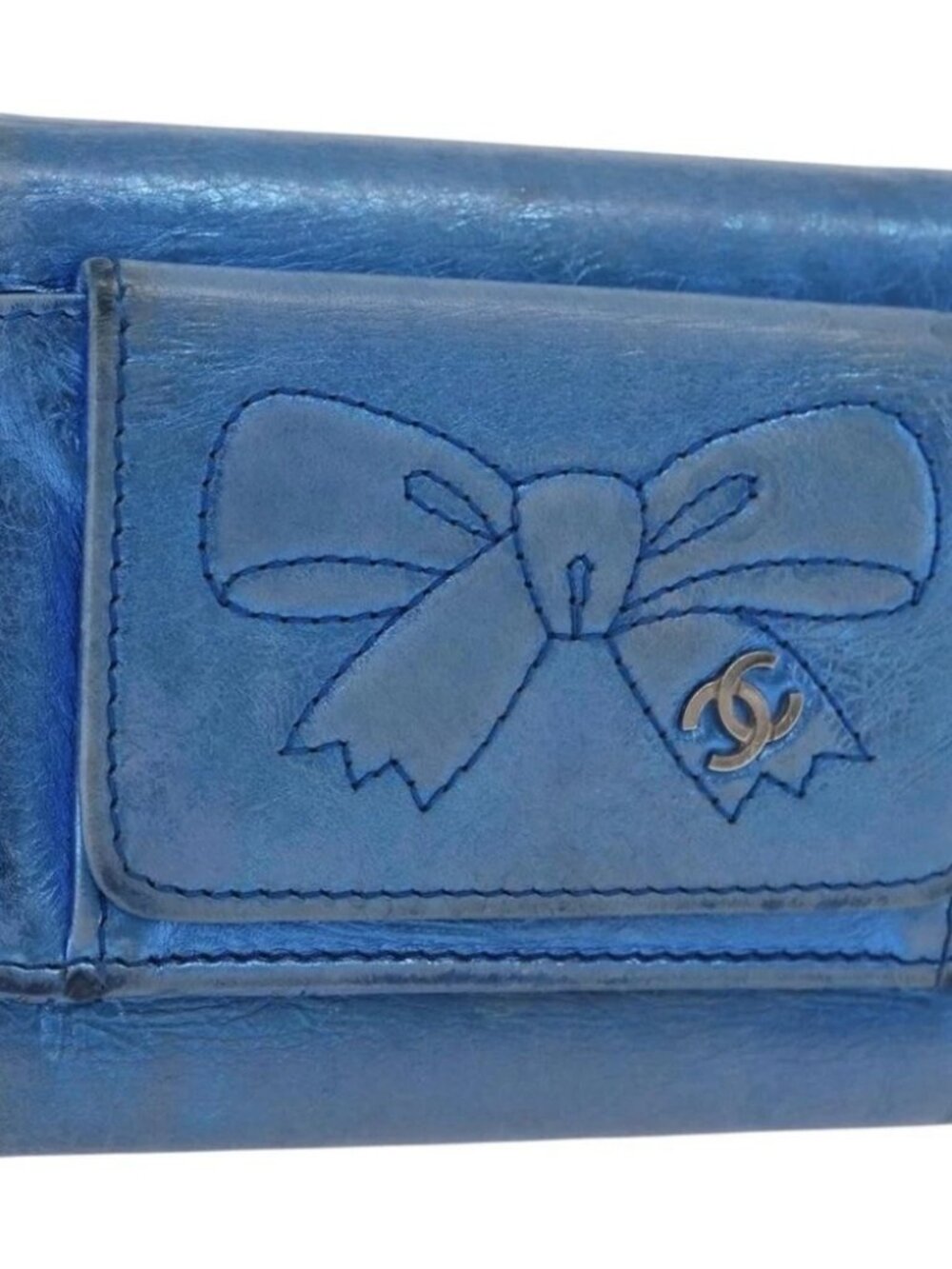 CHANEL Compact Wallet Leather Blue Silver CC Auth 172453